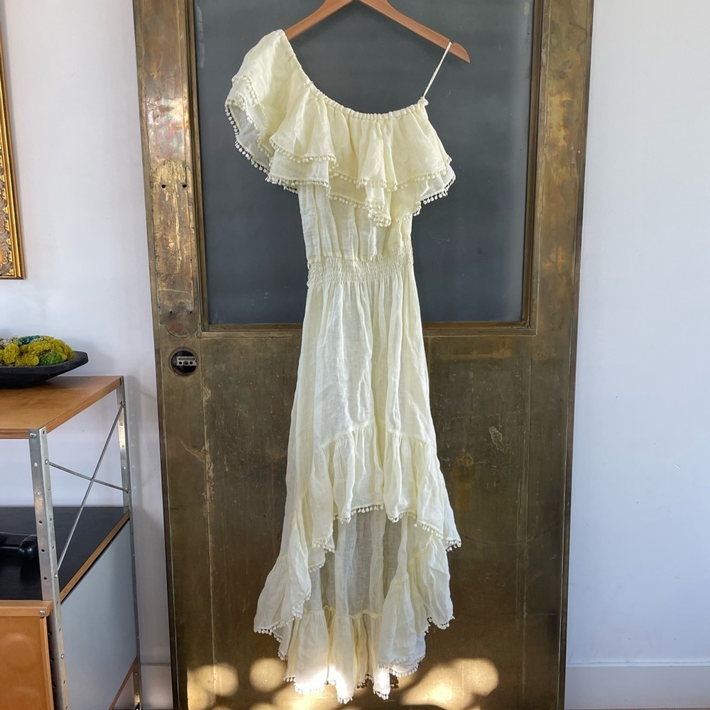Queen Moda Positano 100% Linen Off one Shoulder Ruffle Yellow Dress Italy XS